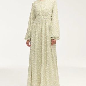 Light Green Floral Long Sleeve Maxi Dress Veiled